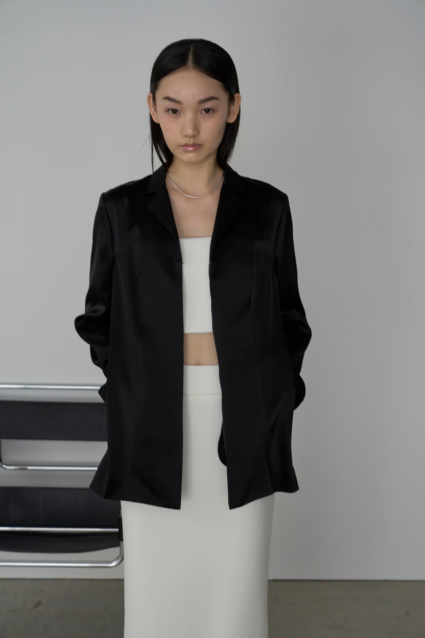 【Pre-Order】tailored satin jacket BLACK